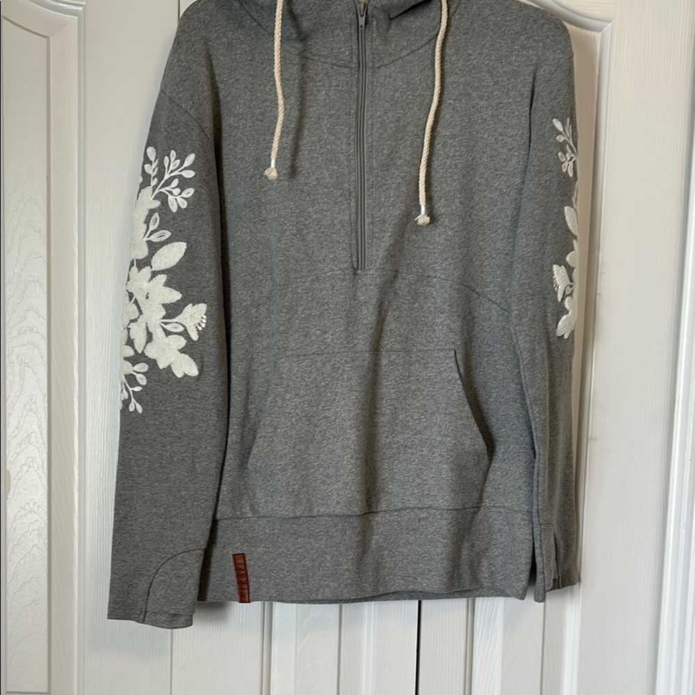 Gray Hoodie with White Floral Embroidery